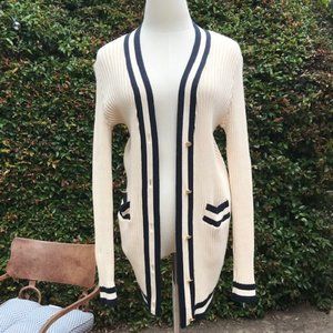 CAbi Ribbed V-Neck Cardigan Cream with Black Trim -  Sz Small